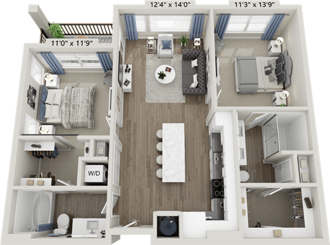 Floor plan for 2 beds, 2 baths, 1011 sqft